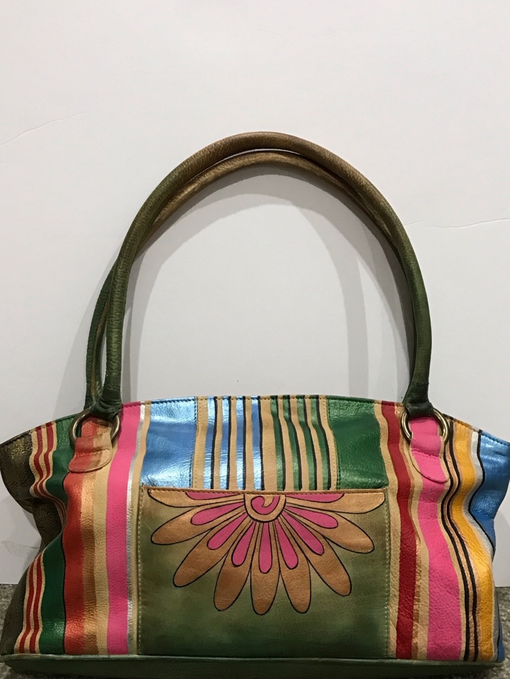 Anuschka Multicolor Striped Floral Shoulder Bag - Green Pink Blue Gold